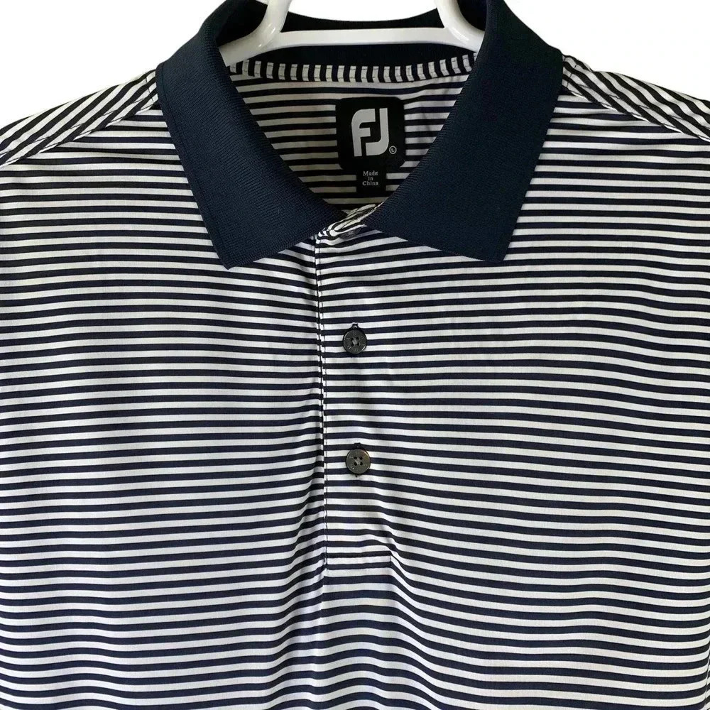 FootJoy FJ Striped Navy Athletic Polo Golf Shirt Men Size L MGA Lomas Cup 2014 - Picture 3 of 13